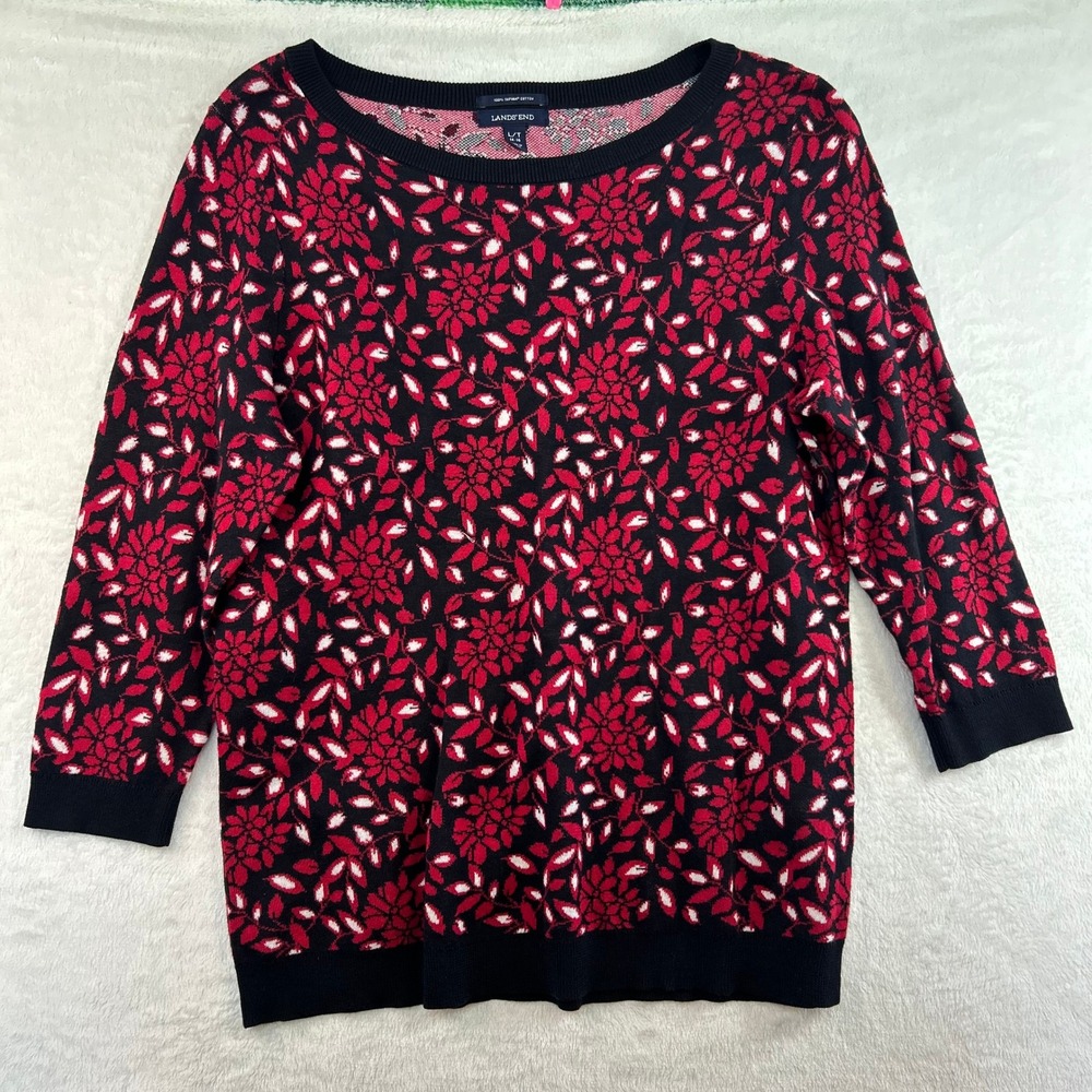 Lands' End Grandmacore Floral Sweater L Tall Supima Cotton Dark Academia Knit